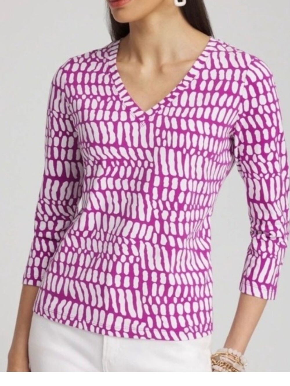 Chico's Purple & White Patterned V-Neck Top Large